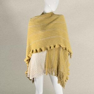 Boho Knit Shawl Wrap | Gold Tan Fringe Poncho | Cozy Layering Piece